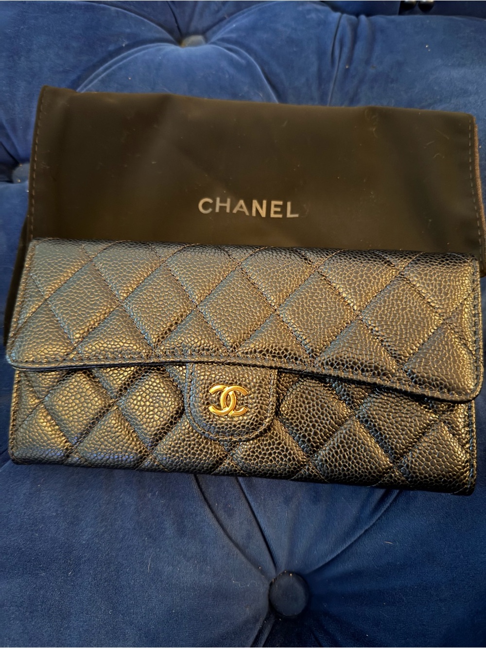 CHANEL Black Quilted Caviar Leather Flap Wallet with Gold CC